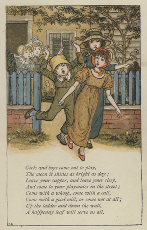 Girls and boys come out to play (colour litho)