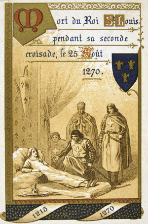 Louis IX of France (Saint Louis 1214-1270) dying of plague or dysentery at Tunis on his second Crusade. 19th century (trade card in lithograph)