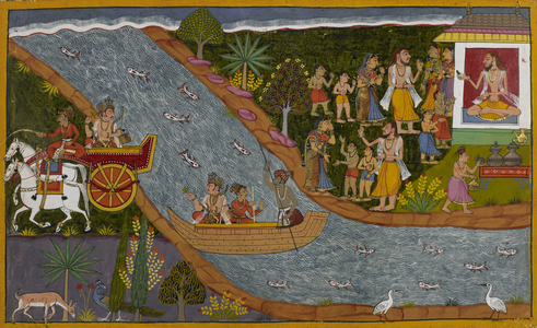 Lakṣmaṇa returns to Ayodhya with Sumantra, while Sītā is accepted into Vālmīki's hermitage, 1653 (miniature)