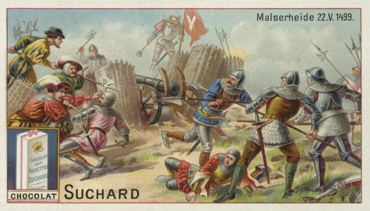 Battle of Calven (Battle of the Malserheide), Switzerland, 22 May 1499 (chromolitho)