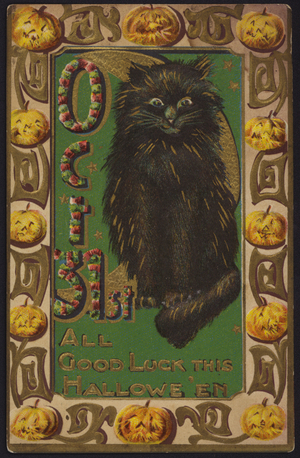 Halloween card, Black Cat and Pumkins (colour litho)