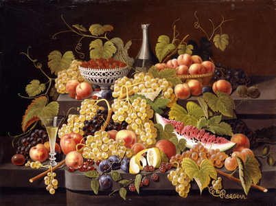 Still Life with Fruit and Champagne,  (oil on canvas)