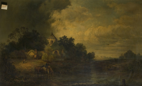 Romantic Landscape with Horses Drinking, late 19th century (oil on canvas)