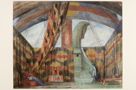 Stage design for The Bride of Dionysus (pencil & gouache on paper)