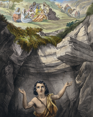 Joseph cast into the pit by his brothers (coloured engraving)