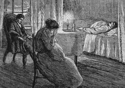 A daughter and son-in-law at her father's deathbed, 1850