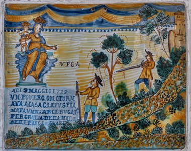 Madonna with Child and man wounded by a harquebus, ex-voto plaque, 1732 (majolica)