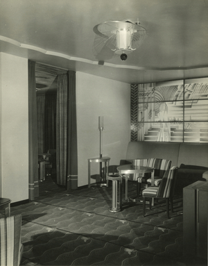 RKO Roxy Theatre (1932), 1230 Sixth Avenue at 49th Street: Ladies' lounge - chartreuse yellow walls and ceiling; blue, grey, black, vermillion carpet; glass mural by Maurice Heaton, depicting Amelia Earhart's transatlantic flight, New York, USA, c.1932-38 (gelatin silver photo)