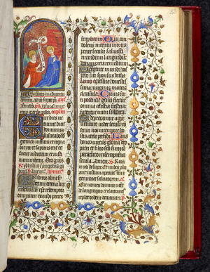 Miniature of the Annunciation, decorated initial 'E'(cce) and foliate borders, at the beginning of the Temporale in the Breviary, c.1420 (vellum)