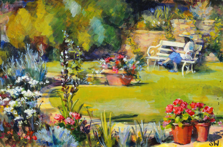 Reading in the garden, 1995 (gouache on paper)