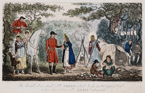 Chiromancy: Jerry takes break from hunt to have hand read told by pretty gipsy while Logick leans on fence. In encampment iron stewpot hangs over fire while, in foreground, turnips are peeled and cut up. To right old gipsy woman gestures to men to hide bi