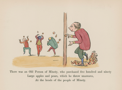 There was an Old Person of Minety, who purchased five hundred and ninety (coloured engraving)