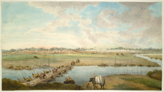 Elephants crossing a bridge of boats over the Bhagirathi at Suti, 1821 (w/c on paper)