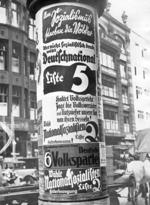 Election posters in advance of the general election, 1932 (b/w photo)