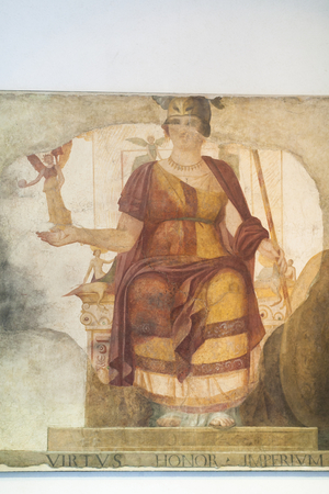 Wall fresco depicting a seated Venus, integrated as Rome, so called Barberini Goddess,  first quarter of the fourth century AD from Rome, national museum of Rome (museo nazionale romano), Rome, Italy