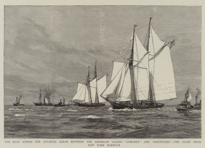 The Race across the Atlantic Ocean between the American Yachts "Coronet" and "Dauntless", the Start from New York Harbour (engraving)