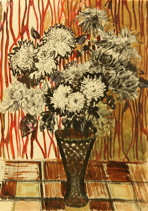 Flowers in Vase on Checkered Tablecloth, 1965 (tempera on paper)