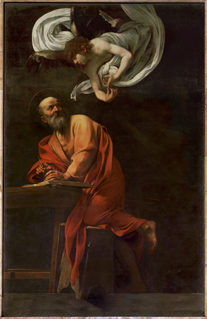 Saint Matthew writing, inspired by an angel (painting on canvas)