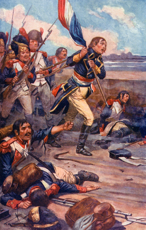 "With cheers they followed him under the deadly fire" (colour litho)