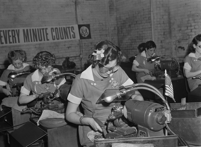 Group of Women Working with Machines at Drill and Tool Factory during World War II, Republic Drill and Tool Company, Chicago, Illinois, USA, Ann Rosener for Office of War Information, August 1942 1942 (b/w photo)