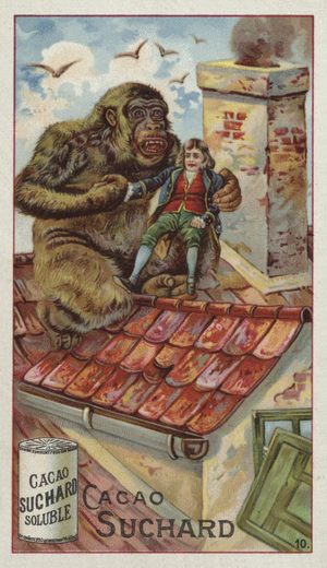 Gulliver carried onto the rooftop by a monkey (chromolitho)