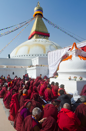 Buddhist monks gathered at the Boudhanath Stupa for a special puja, Kathmandu, Nepal (photo)