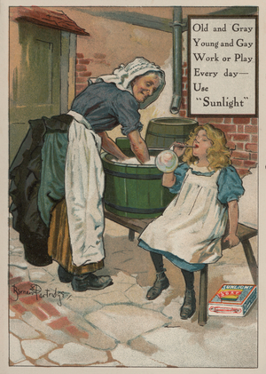 Young girl blowing bubbles while her grandmother does the washing: advertisement for Sunlight soap (chromolitho)