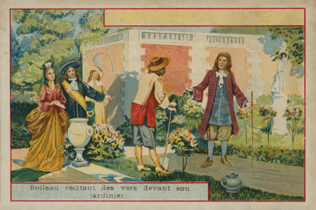 French poet Nicolas Boileau reciting verses to his gardener (chromolitho)