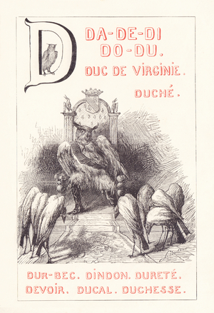 D: DA DE DI DO DU — Duke of Virginia - Duche — Dur-bec - Turkey - Hardness - Duty - Duty - Ducal — Duchesse, 1879 (engraving)