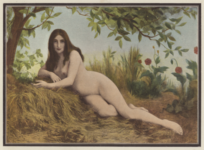 Summer, woman lying in the hay (colour litho)