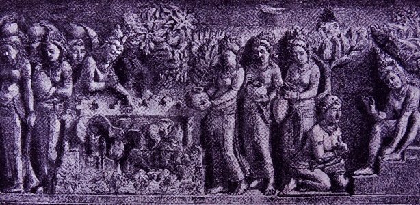 Relief at Borobudur Temple, Indonesia. Depicts women carrying lotus offering