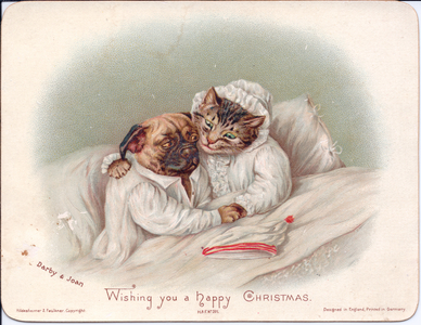 A Victorian Christmas card of a cat and a bulldog in bed having a cuddle, c.1880 (colour litho)