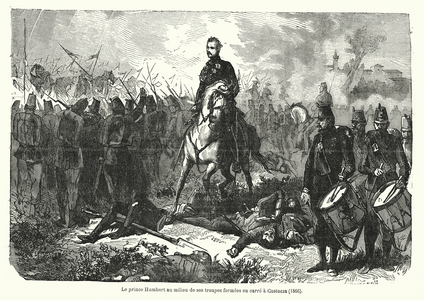 Le prince Humbert au milieu de ses troupes formees en carre a Custozza, 1866 (engraving)