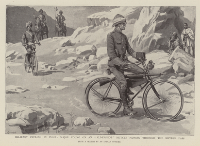 Military cycling in India, Major Young on an Aldershot bicycle passing through the Kyber Pass (engraving)