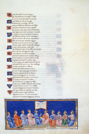 Paradiso, Canto, XIX. Heaven of Jupiter. Miniature shows ten crowned heads who have been condemned by the eagle, including Albert of Austria, Philip IV of France and Charles II of Naples. Above them is the Book of Judgement