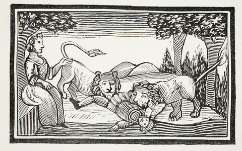 Two lions eat Sabra's servant, illustration from 'Chap-books of the Eighteenth Century' by John Ashton, pub. 1882 (litho)