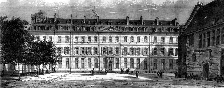 Polytechnique high school in Paris created in 1794, here place from 1804 to 1976, engraving