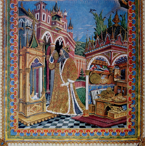 Frontispiece of Ptolemy's Geographica showing Claudius Ptolemy in a Palace with books, 1453 (engraving)