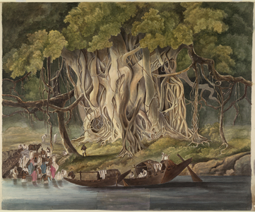 Landscape with huge Banyan tree beside a river. Country boats and villagers bathing in fore-ground.