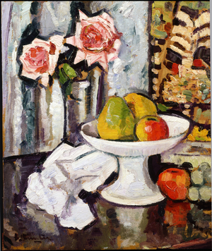 Still life with bowl of fruit and a vase of pink roses (oil on board)