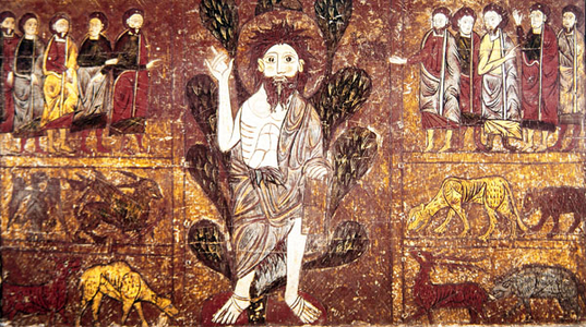 St. John the Baptist preaching in the desert and surrounded by wild animals, from the Altar Frontal of Gesera, 13th century (tempera on panel)