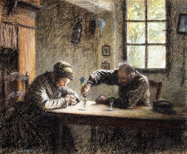 Man and Woman drinking eau de vie,  (pastel on paper)