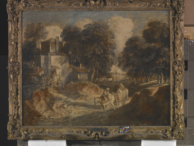 Wooded Landscape With Mounted Peasants (ink, lead white, and gouache on paper mounted on canvas)