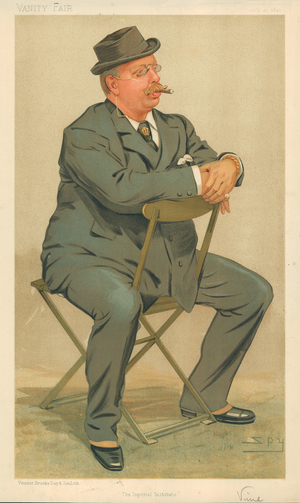 Sir J. R. S. Vine, The Imperial Institute, 27 July 1893, Vanity Fair cartoon (colour litho)