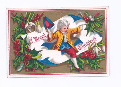 A Victorian Christmas card of a boy in regency costume bursting through a hole in a scroll, c.1880 (colour litho)