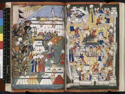 Add. 22011, f.198v-199, Lala Mustafa Pasha in his Encampment after his Victory at Kars, from 'Nusretname', 1582 (vellum)