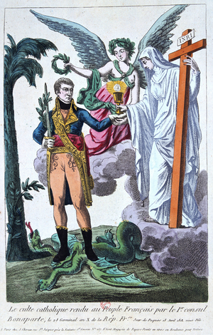 Allegorical print of Napoleon Bonaparte after the first celebration of Mass after the restablishment in France of the Roman Catholic church, April 1802. Coloured engraving.