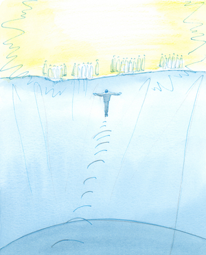 Thousands and thousands of Saints are waiting to greet each happy soul who flies swiftly to Heaven, at death, and each happy soul who ascends from Purgatory, purified, into Heaven's light, 2003 (w/c on paper)