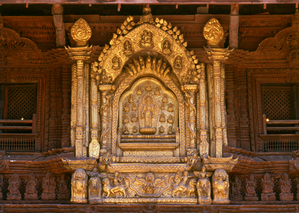Nepal: The golden window above the Golden Gate (Sun Dhoka) depicting Avalokitesvara (regarded as the guardian spirit of Patan), Royal Palace, Patan, Kathmandu Valley (1996)