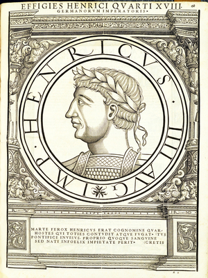 Henricus IIII, illustration from 'Imperatorum romanorum omnium orientalium et occidentalium verissimae imagines ex antiquis numismatis', woodcut by Rudolph Wyssenbach, printed by Andreas Gesner, Zurich, 1559 (woodcut)